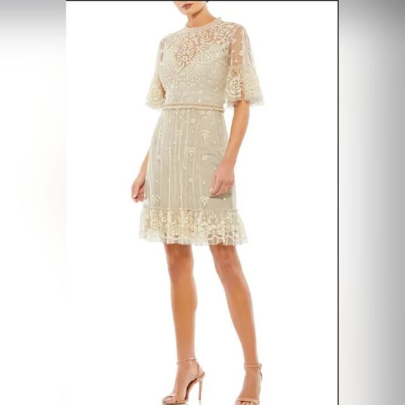 $698 NEW MAC DUGGAL CREAM NUDE LACE ILLUSION HIGH NECK MINI DRESS 8 NWT - Picture 4 of 6
